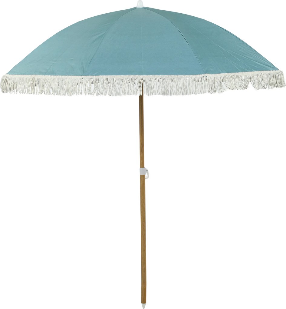 Guarda-sol de praia com haste com efeito de madeira, Ø 1,7 m, guarda-sol grande com franjas e altura ajustável, UPF50+, saco de transporte, azul claro