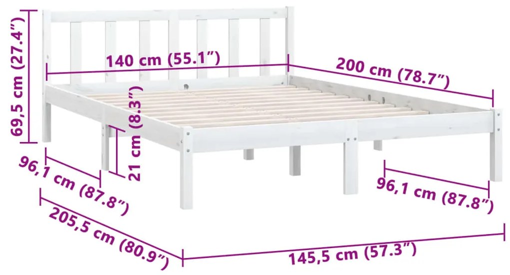 Estrutura de Cama Jane em Madeira de Pinho - 140x200 cm - Branco - Des