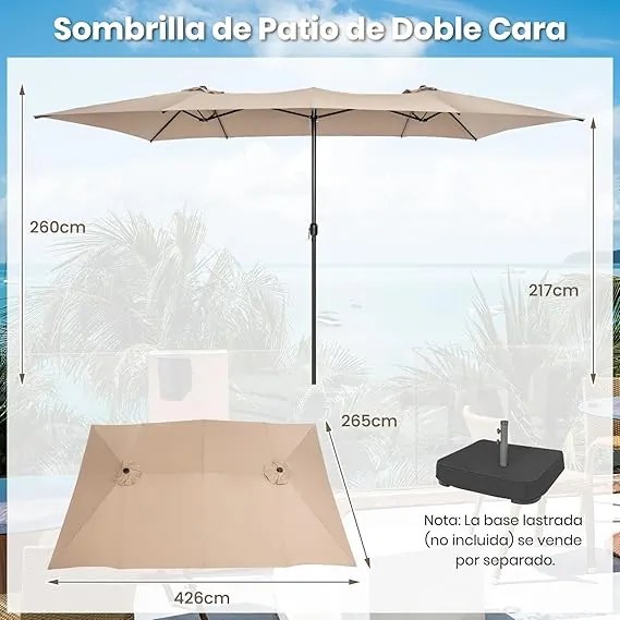 Guarda-sol Duplo 426x265cm Grande com Manivela Proteção Solar UV e Teto Ventilado Guarda-sol para Jardim Praia Café