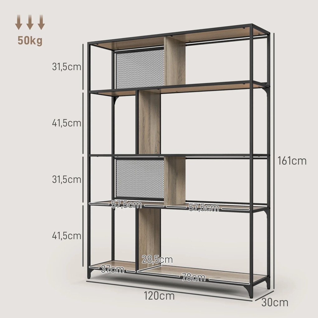 Estante de arrumação com 5 prateleiras, estrutura em aço, estilo industrial - 120 x 30 x 161 cm