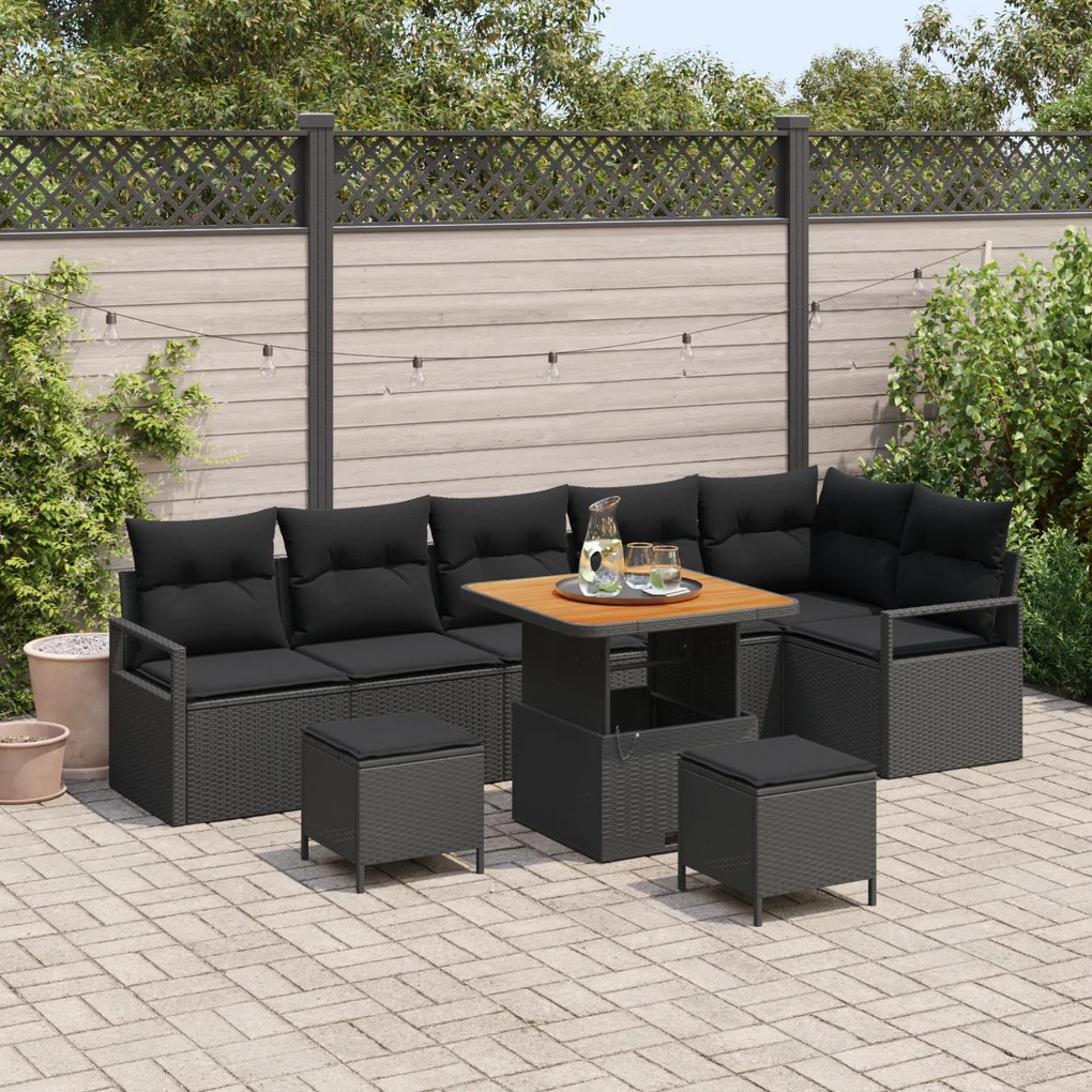Conjunto de Sofá de Jardim com 9 Peças com Almofadas Preto Rattan Sintético Acácia