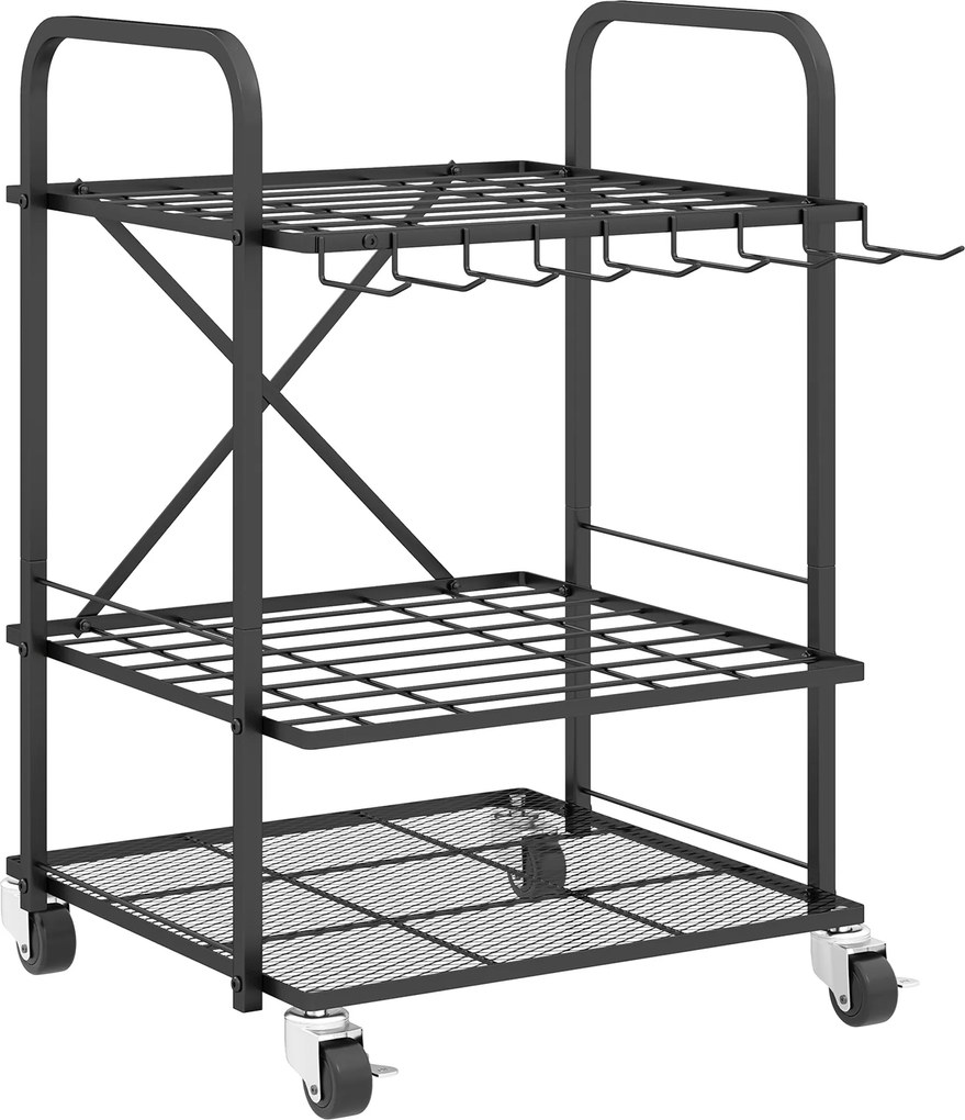 Organizador de ferramentas de jardim, suporte para ferramentas de jardim com 40 compartimentos em 2 níveis e rodas, 57 x 48 x 70 cm, preto