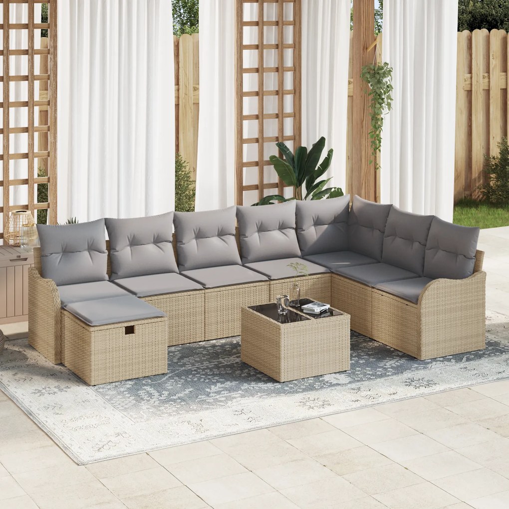 Conjunto de Sofá de Jardim de 9 Peças com Almofadas Bege Polirattan, S