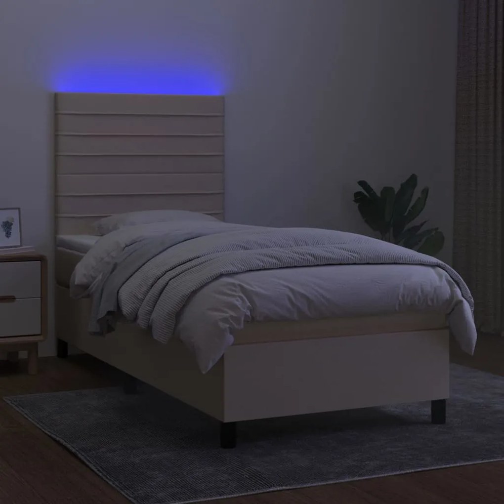 Cama box spring c/ colchão e LED 90x200 cm tecido cor creme