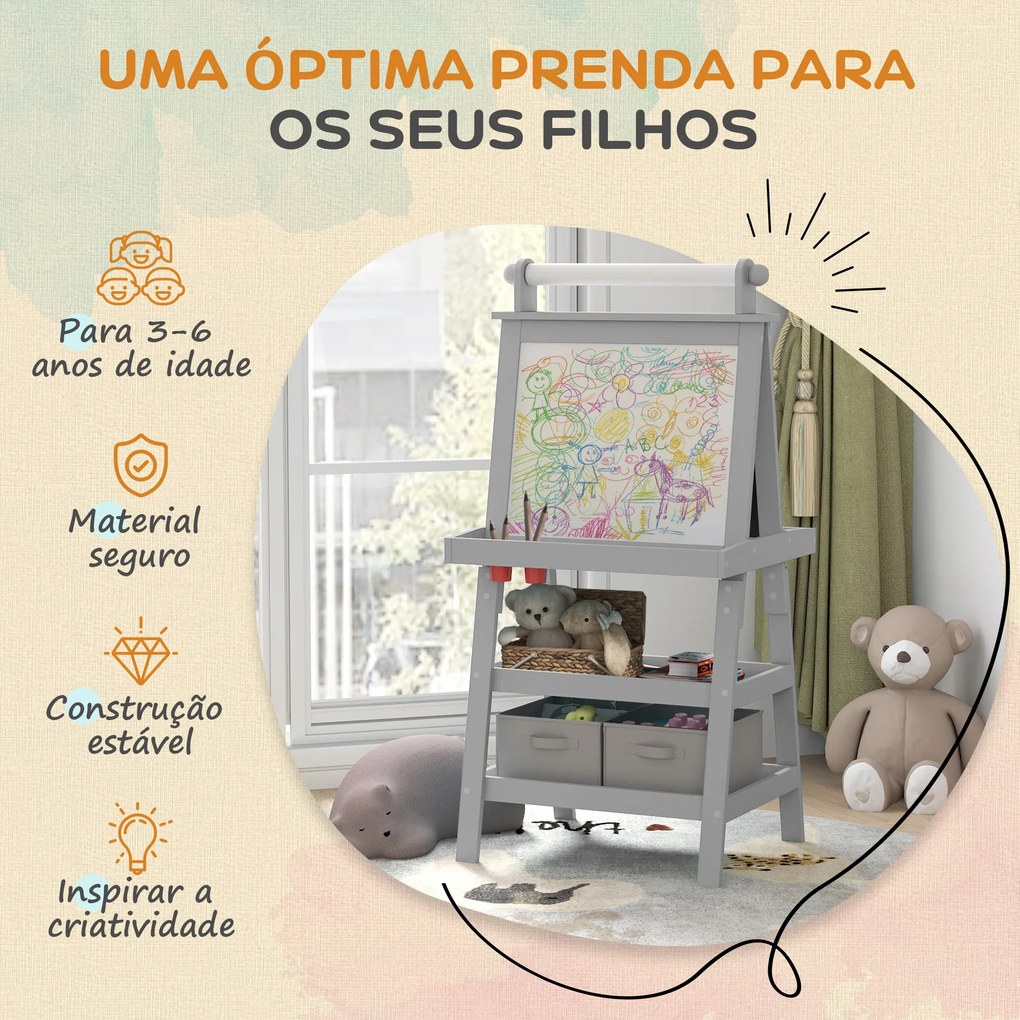 Cavalete de Pintura Infantil 3 em 1 Quadro Dupla Face com Rolo de Papel e Cestos de Arrumação Cinzento