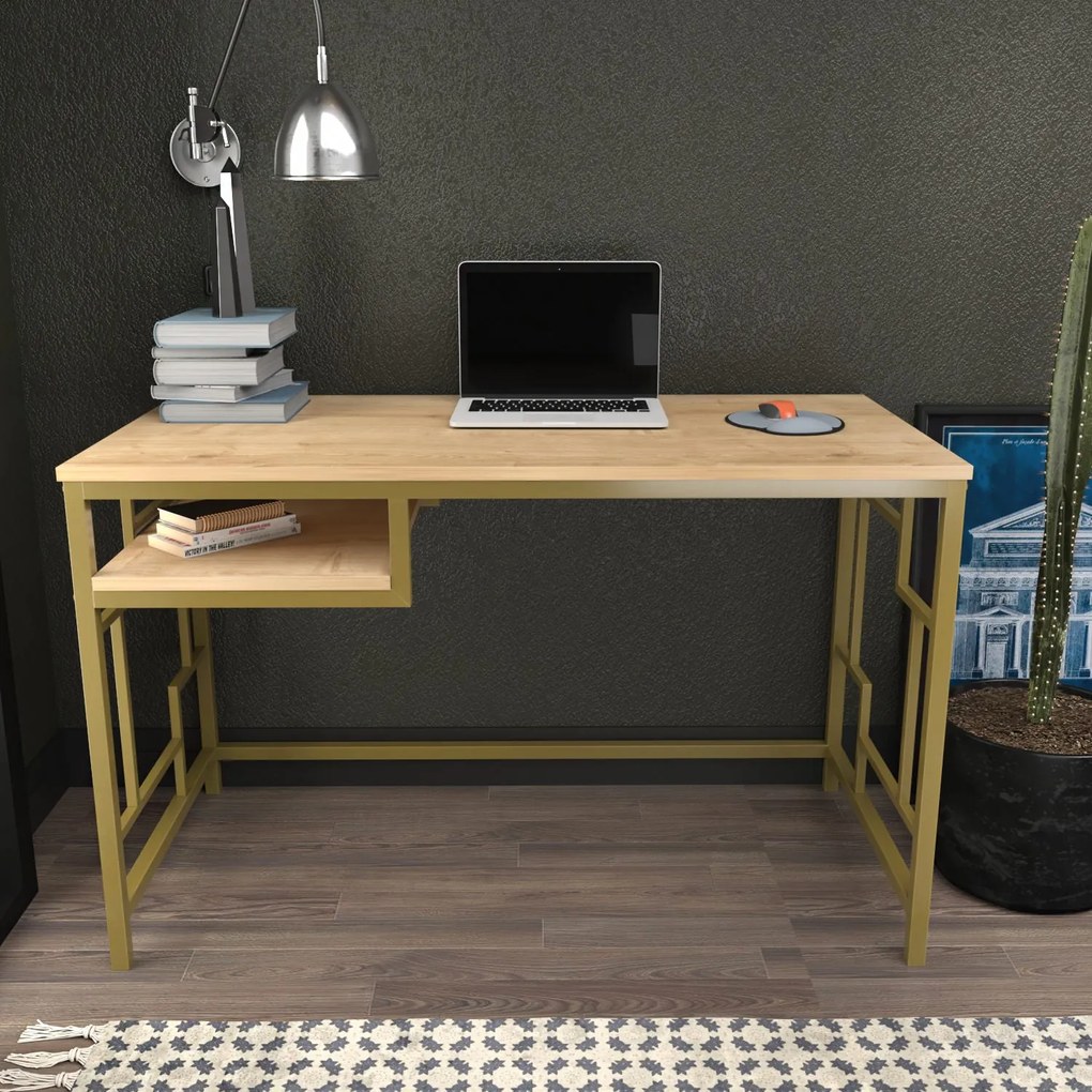 Secretária para Estudo Kennesaw - Dourado e Carvalho - 120x60x74,8 cm