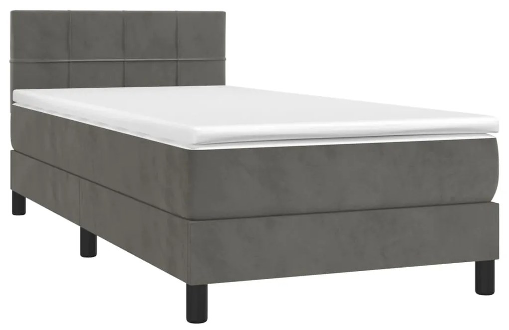 Cama box spring c/ colchão/LED 100x200cm veludo cinzento-escuro