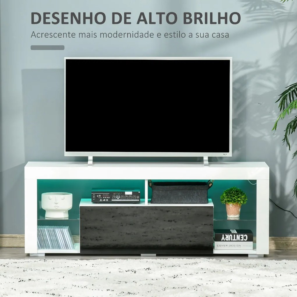 Móvel de TV para Sala de Estar com Iluminação LED 6 Modos de Cores Controle Remoto Gaveta e Prateleiras de Cristal Ajustáveis 140x35x52cm Preto e Bran