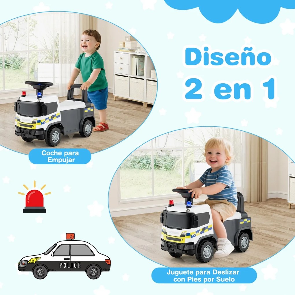 Andarilho Carro de bombeiros 59 x 28 x 43 cm com volante Luzes Sirenes Buzina e música para pisar Branco