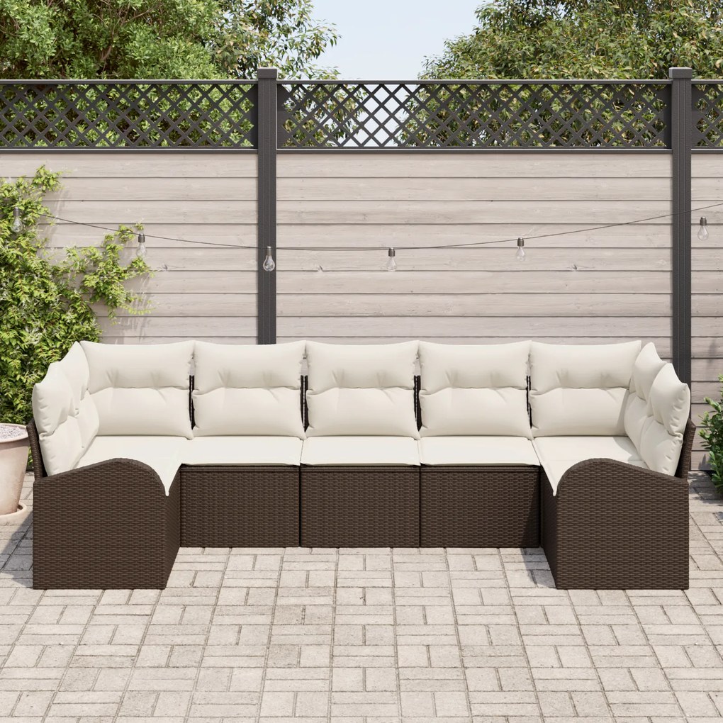 Conjunto de Sofá de Jardim de 7 Peças com Almofadas Castanho Poliratan