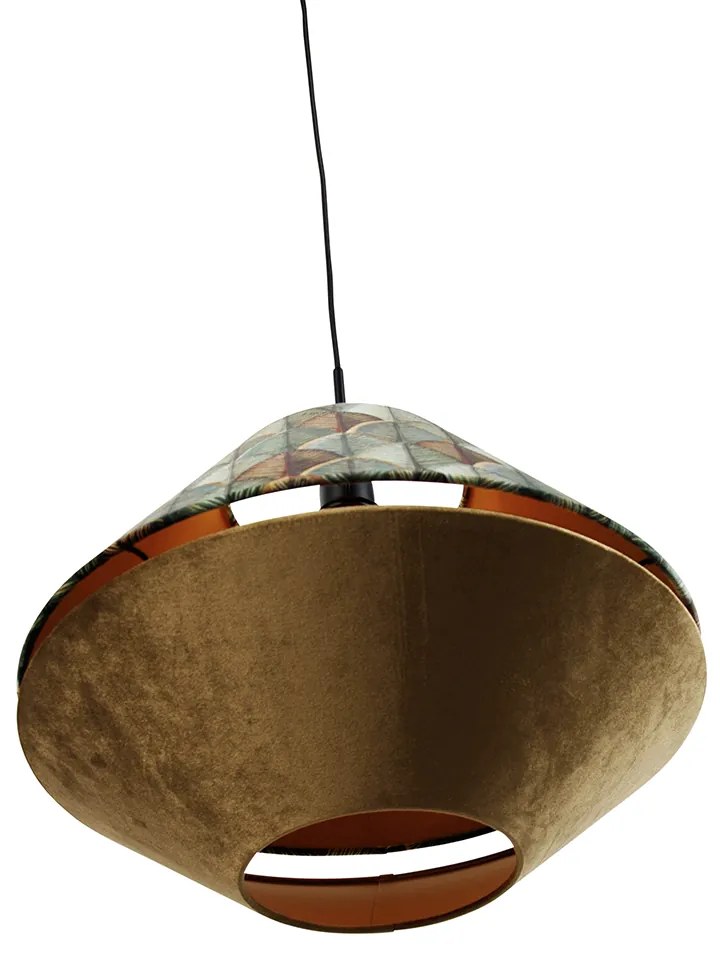 Hanglamp zwart met dubbele velours lampenkap blad dessin en beige - Combi 1 Clássico / Antigo,Moderno