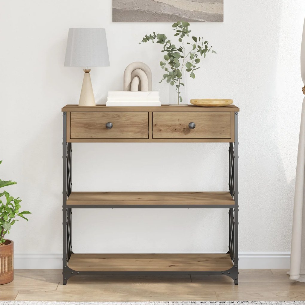 Mesa de Console vidaXL Carvalho Artesanal 75x28x75 cm Madeira e Aço