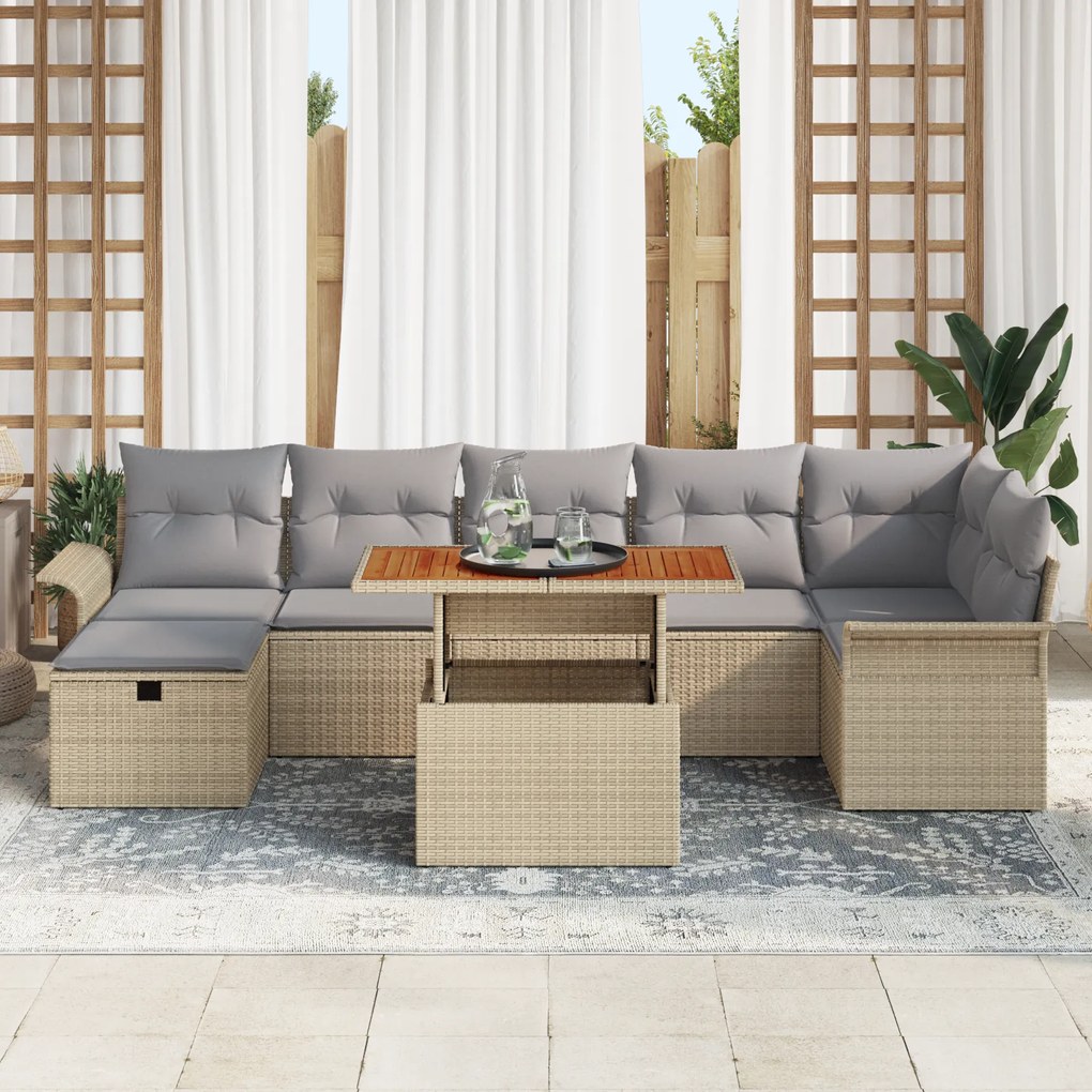 Conjunto de Sofá de Jardim de 8 Peças com Almofadas Bege em Polirattan