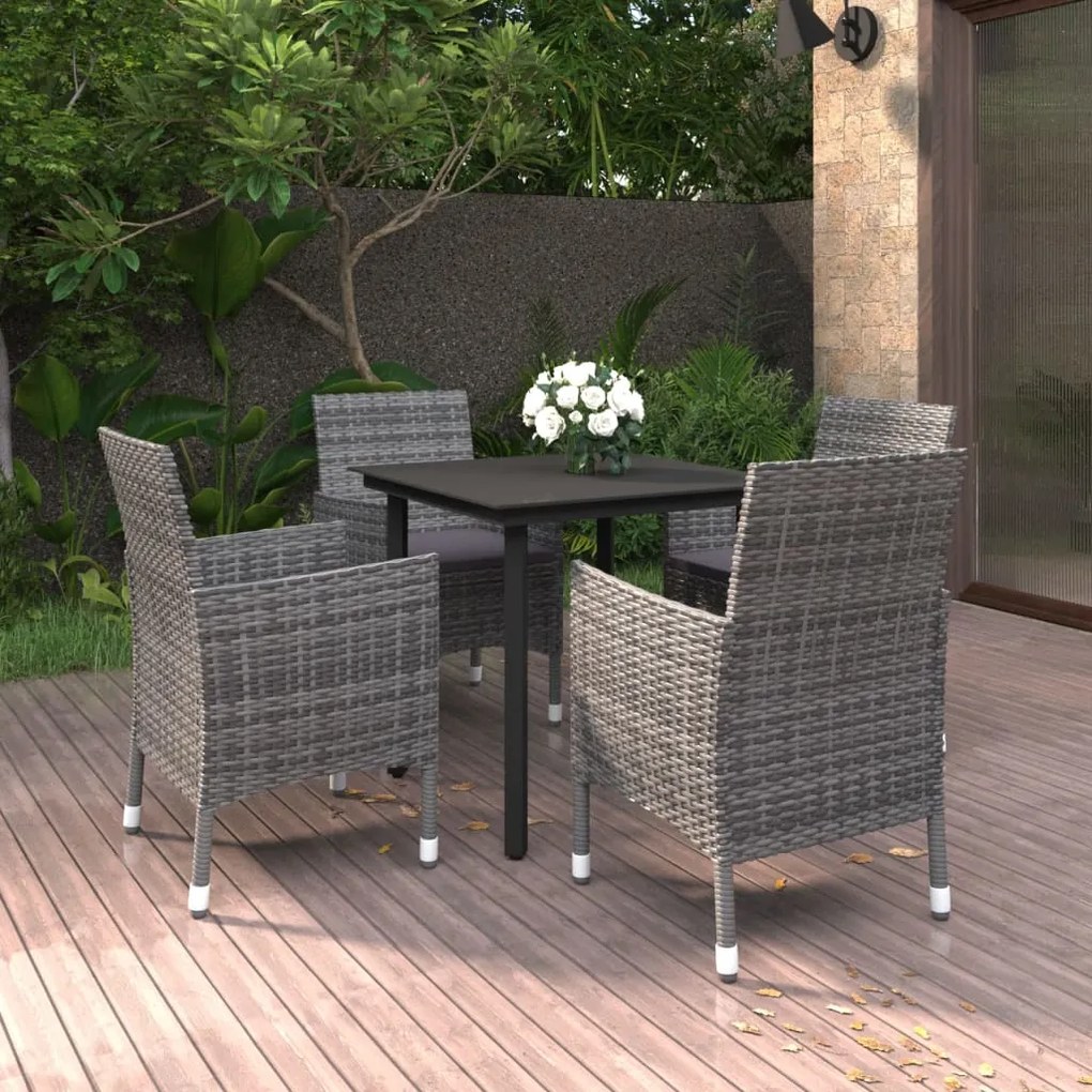 vidaXL 5 pcs conjunto de jantar p/ jardim c/almofadões vime PE e vidro
