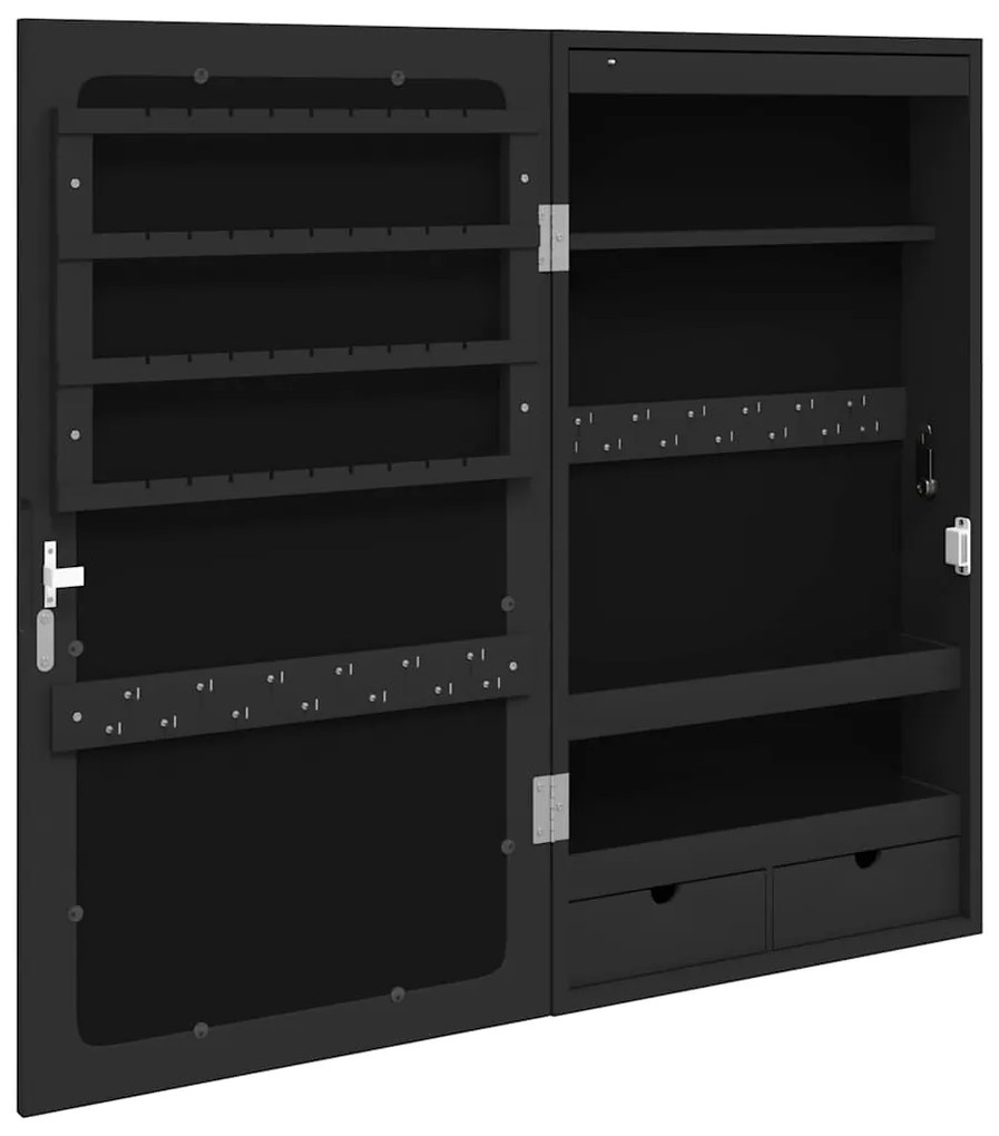 Móvel para joias de parede espelhado com luzes LED preto