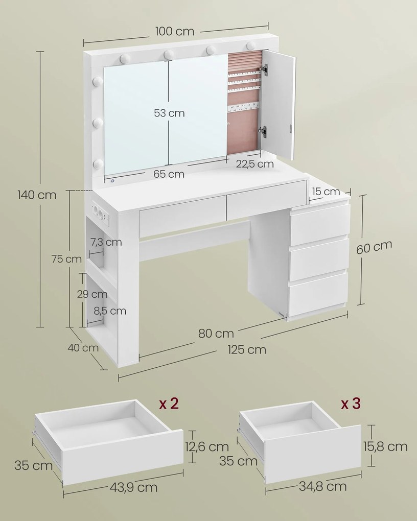 Toucador com iluminação LED e espelho 40 x 125 x 140 cm branco nuvem