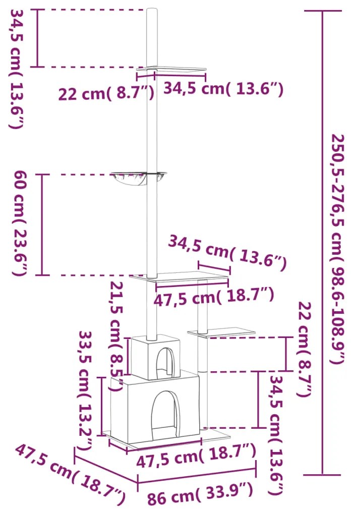 Árvore p/ gatos altura ajustável chão-teto 250,5-276,5 cm creme