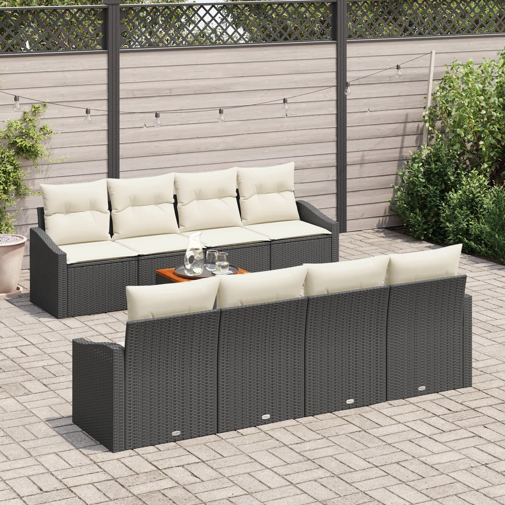 Conjunto de Sofá de Jardim de 7 Peças com Almofadas Preto Vime PE Acác