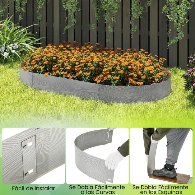 Conjunto de 6 peças 110 x 20 cm, de borda de jardim em metal galvanizado, canteiros, caminho, pátio, prateado