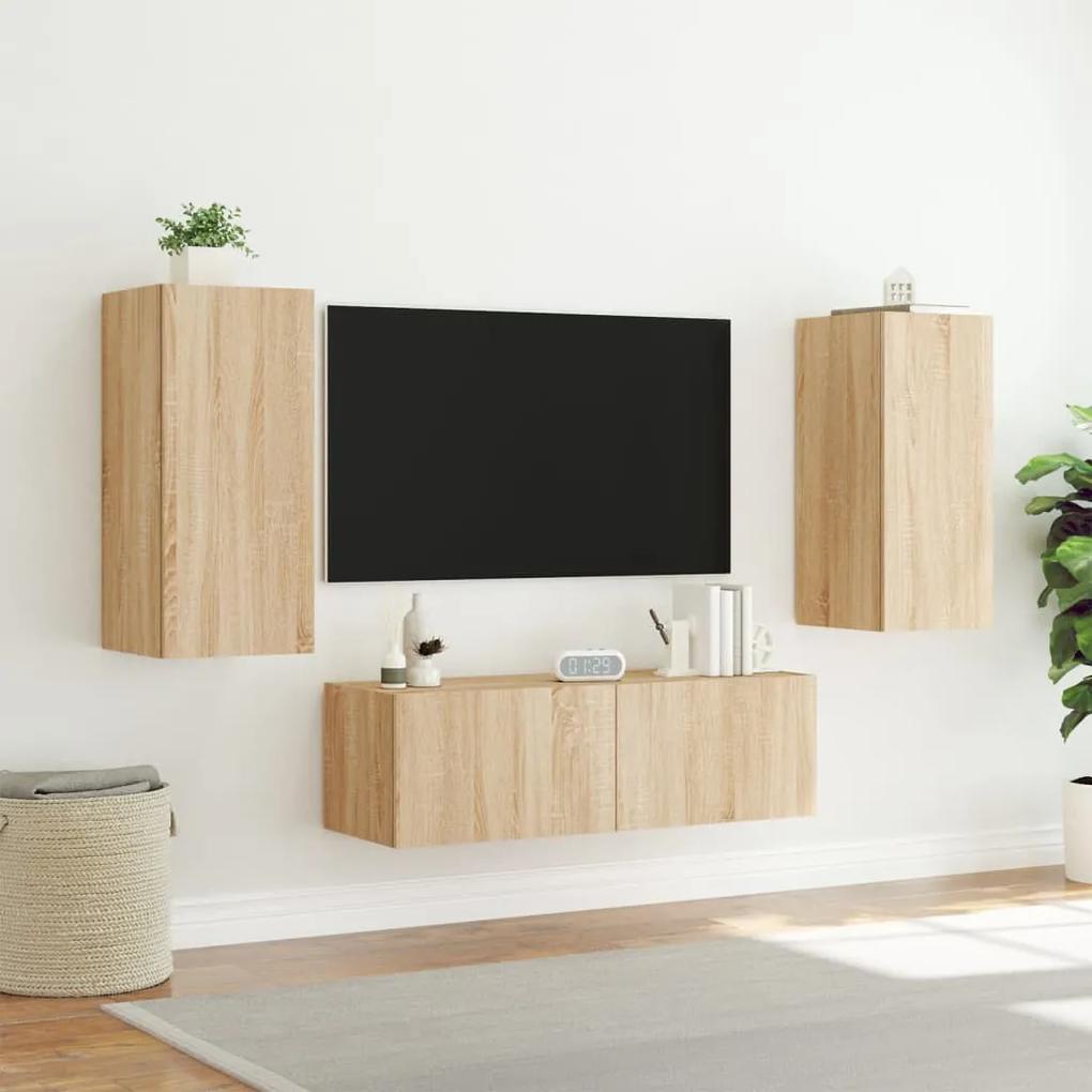 3 pcs móveis de parede para TV com luzes LED carvalho sonoma