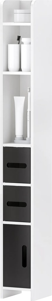 Coluna Casa de Banho com 3 Portas e 3 Prateleiras Abertas Coluna Auxiliar  Estilo Moderno 15x17x120 cm Branco e Preto