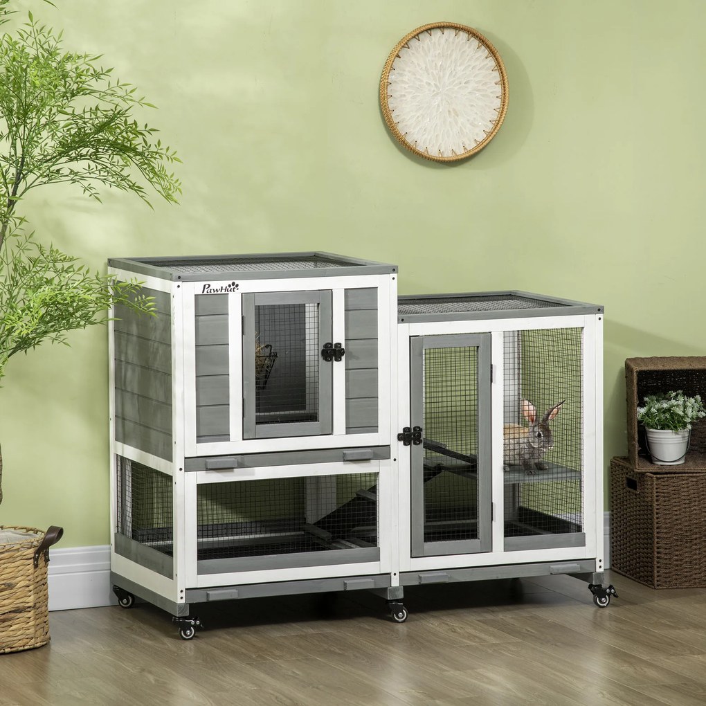 Coelheira de Madeira Interior Gaiola para Coelhos de 2 Níveis com Rodas 2 Rampas 3 Bandejas Amovíveis 110x50x86 cm Cinza