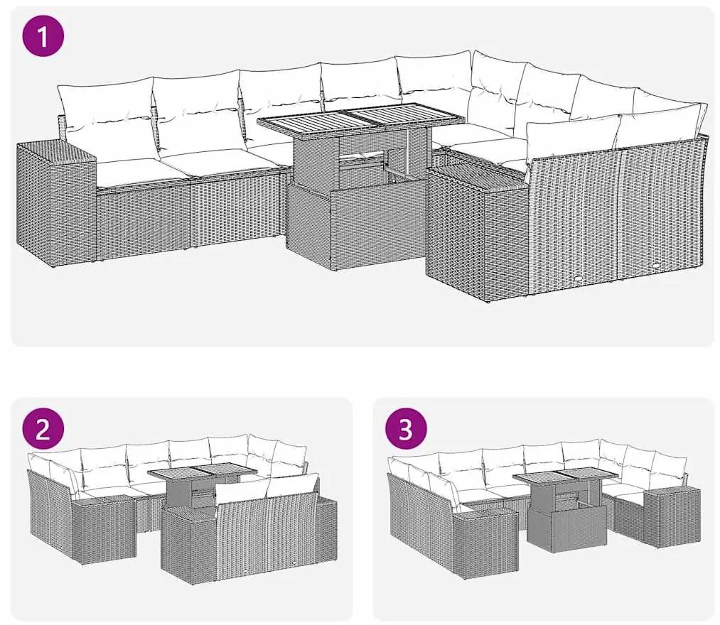 10 pcs conjunto sofás jardim c/ almofadões vime PE/acácia preto