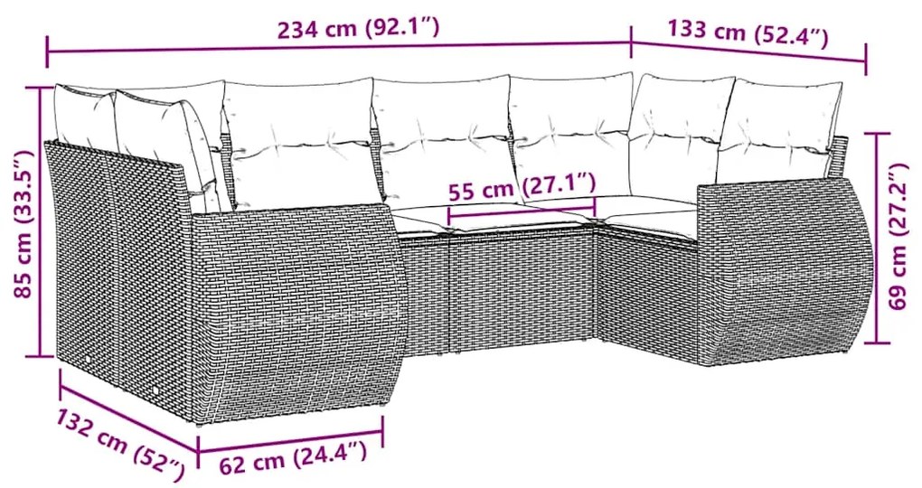 6 pcs conjunto sofás de jardim c/ almofadões vime PE preto
