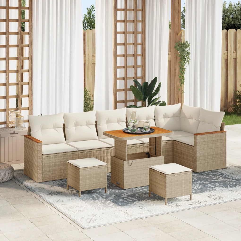 Conjunto de Sofás de Jardim 9 Peças com Almofadas Bege Rattan PE Acácia
