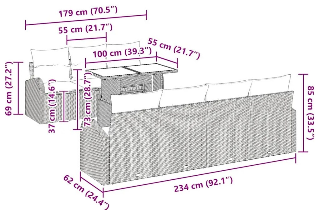 Conjunto de Sofá de Jardim 8 Peças com Almofadas Bege em Rattan Sintét