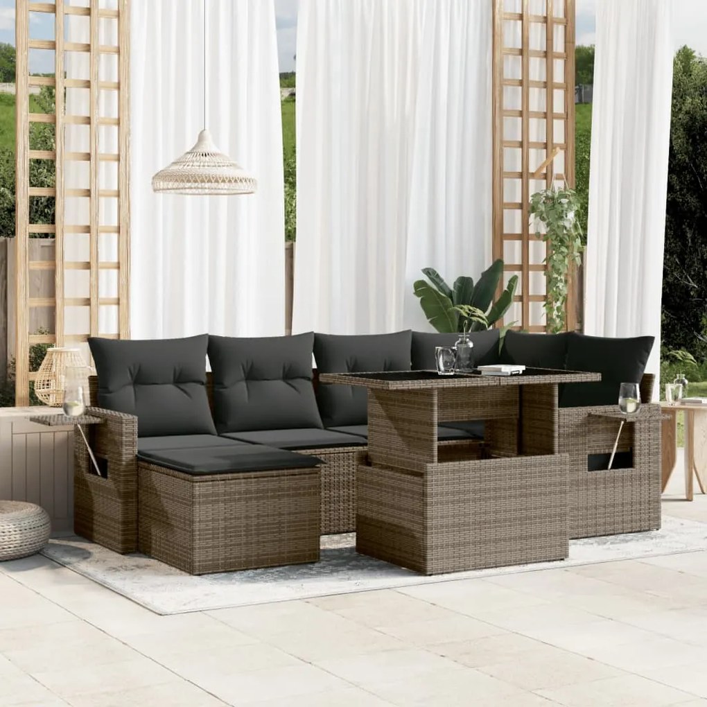 7 pcs conjunto sofás p/ jardim c/ almofadões vime PE cinzento