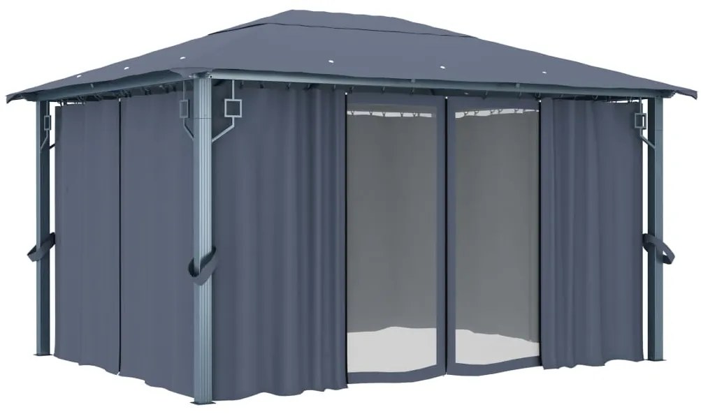 Gazebo c/ cortinas e cordões luzes LED 4x3 m alumínio antracite