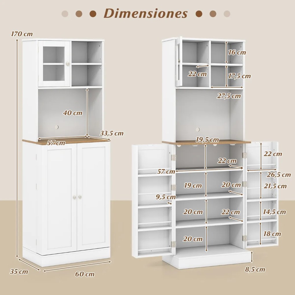 Armário multifuncional cozinha, prateleiras ajustáveis, porta de vidro 60 x 35 x 170 cm Branco
