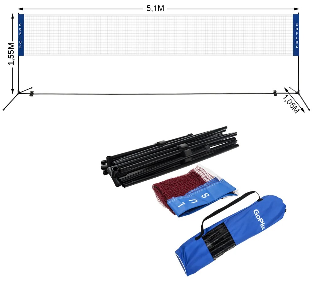 Conjunto com Rede Portátil Badminton 5,1 m Rede de Ténis Dobrável em PE com 2 alturas Rede de Voleibol Pickleball