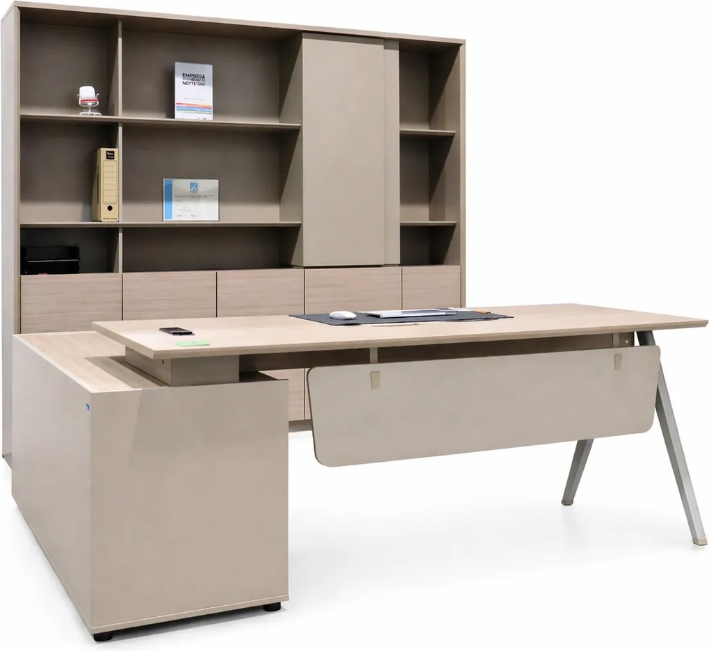 Secretária Riva Studio 2000x1850x750mm com Armário + Armário Misto Studio 2400x400x2000mm | Mobiliário de Escritório Premium em Grau EO Densificado | Alta Resistência a Riscos e Temperaturas