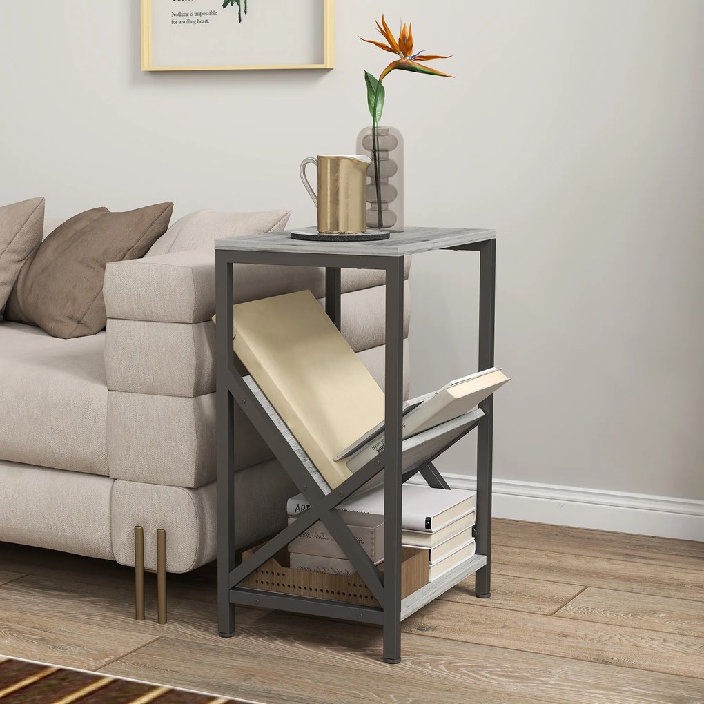 Mesa de apoio estreita, mesa de canto com 3 prateleiras, porta-revistas em V, estrutura em aço, 40 x 30 x 61 cm, cinzento escuro