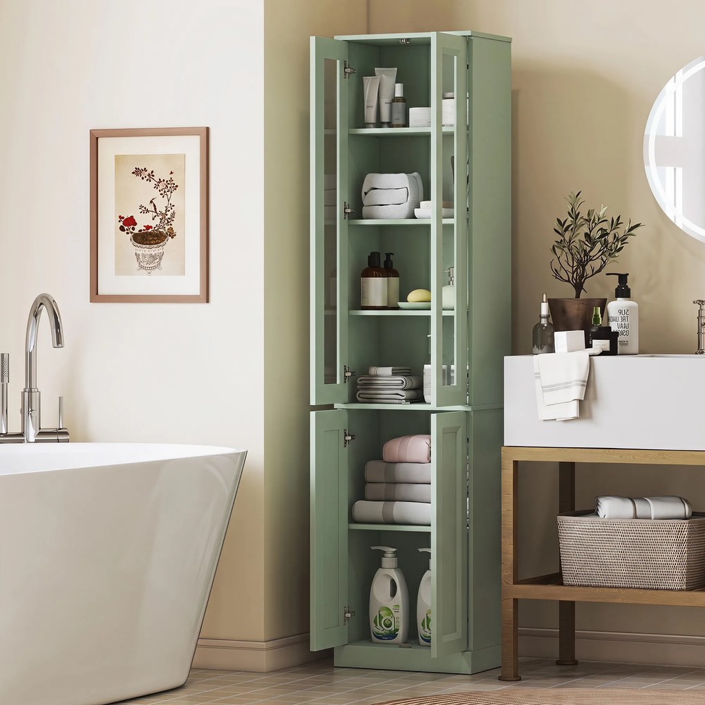 Móvel de casa de banho com 6 níveis 38 L x 26 P x 160 A cm, móvel de arrumação com 4 portas com fecho suave e prateleiras ajustáveis, verde