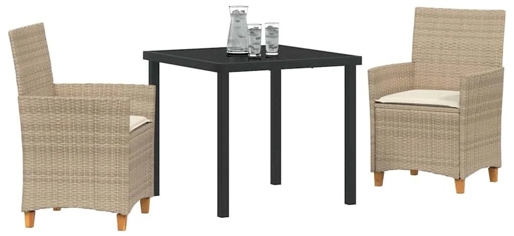 Conjunto de jantar de jardim com 3 peças e almofadas em rattan sintéti