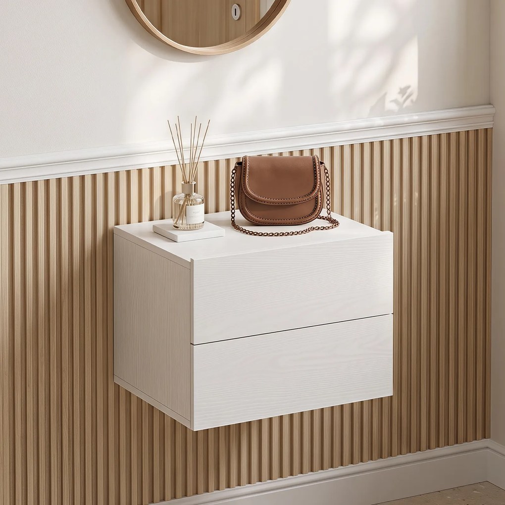 Mesa de Cabeceira Suspensa, 42 x 30 x 29 cm, 2 Gavetas, Branco