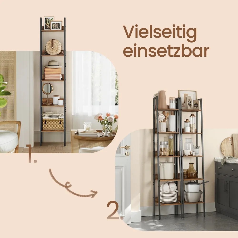 Estante com escada de 5 níveis, estreita 30 x 33,8 x 170 cm castanho-preto