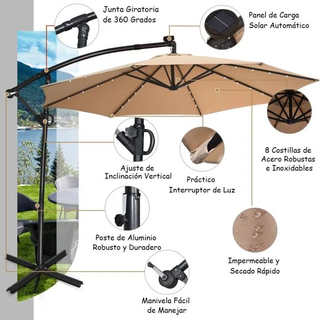 Guarda-sol solar de 3m Com luzes LED e base cruzada para jardim Manivela para rotação 8 Hastes Poste de alumínio Bege