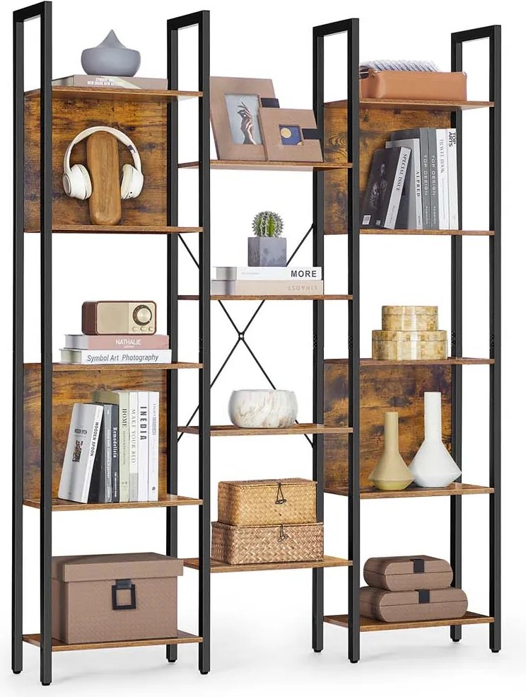 Estante com estrutura em metal 24 x 128 x 166 cm e 14 prateleiras em castanho e preto