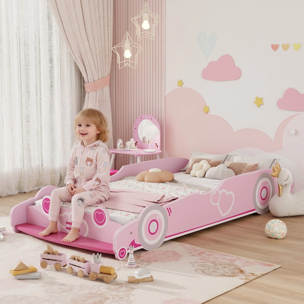 Cama Infantil 70x140 cm em Forma de Carro (COLCHÃO NÃO INCLUIDO) com Barreira de Proteção e Estrado para Crianças de 3-5 Anos Rosa