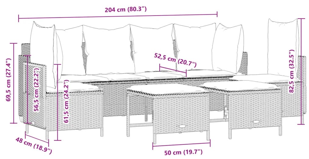 5 pcs conjunto de sofás p/ jardim com almofadões vime PE bege