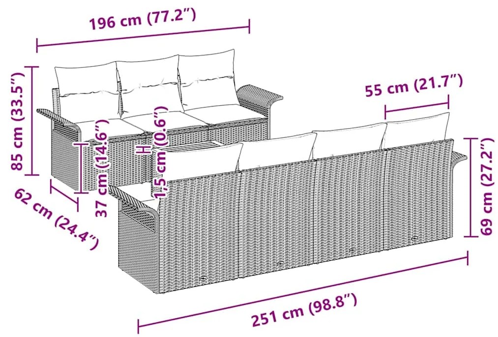 Conjunto de Sofá de Jardim de 8 Peças com Almofadas em Rattan Poliéste