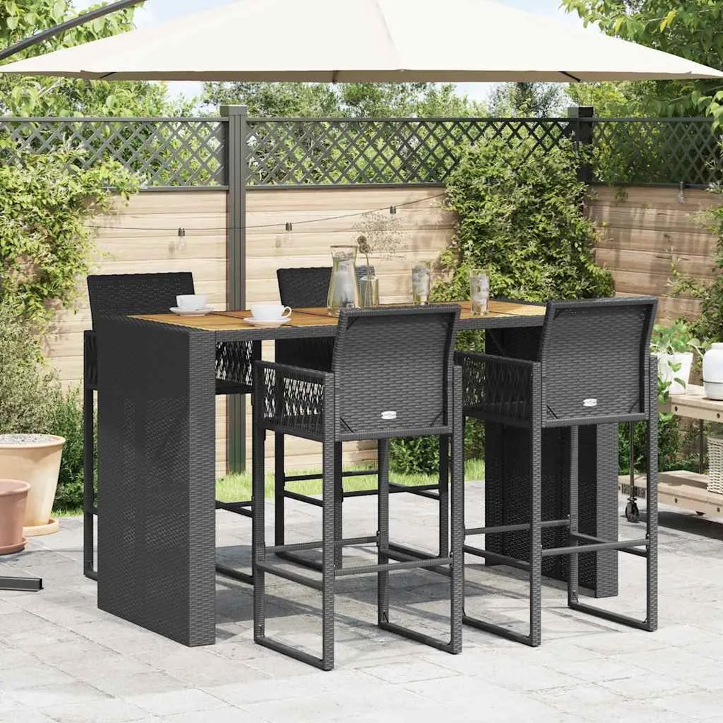 5 pcs conj. de bar jardim sem almofadões vime PE/acácia preto