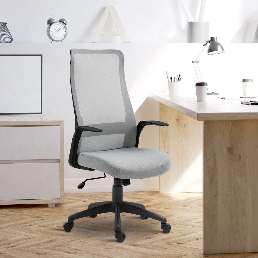 Vinsetto Cadeira de Escritório Ergonômica Cadeira de Escritório Giratória com Altura Ajustável Apoio para os Braços e Suporte Lombar Alto Transpirável 62x62x113-122cm Cinza