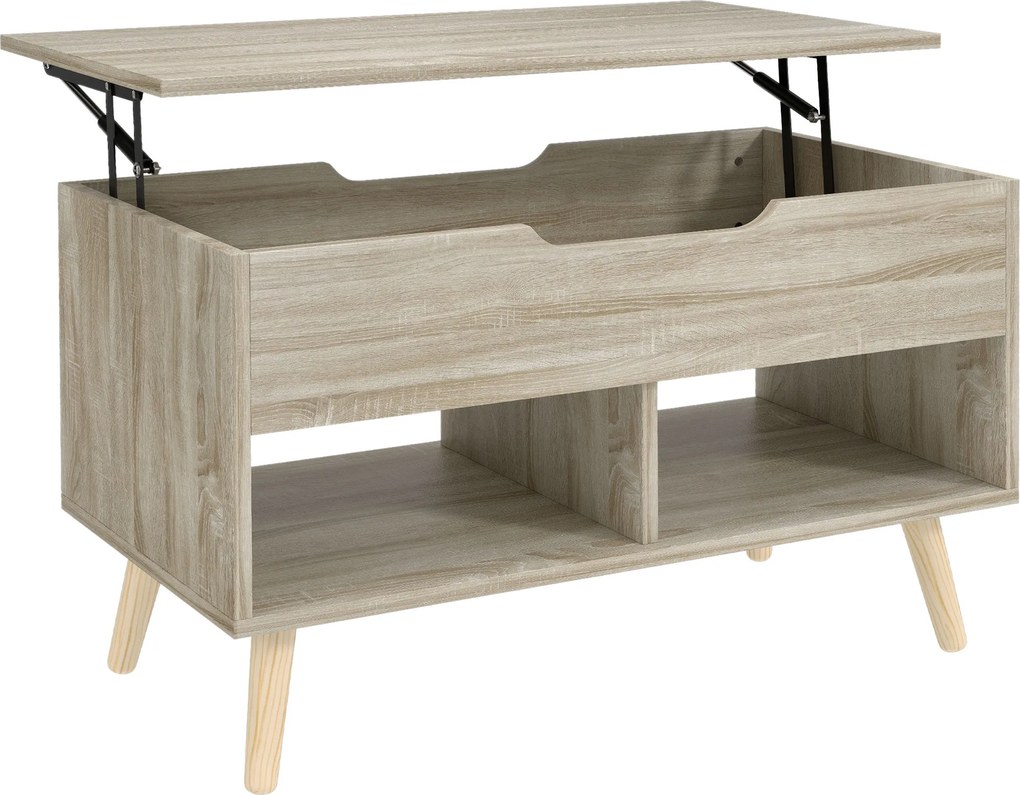 HOMCOM Mesa de centro elevável, mesa de sala com compartimento oculto e prateleiras abertas, 75 x 40 x 58 cm, madeira natural | Aosom Portugal