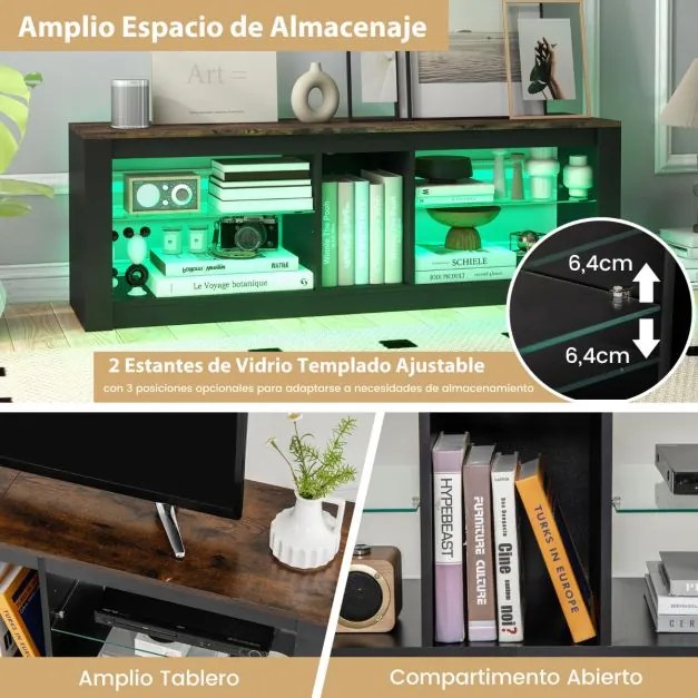 Móvel de TV com luz LED 140 x 35 x 47 cm para TVs até 65'' com Estantes de vidro temperado ajustáveis Castanho e Preto