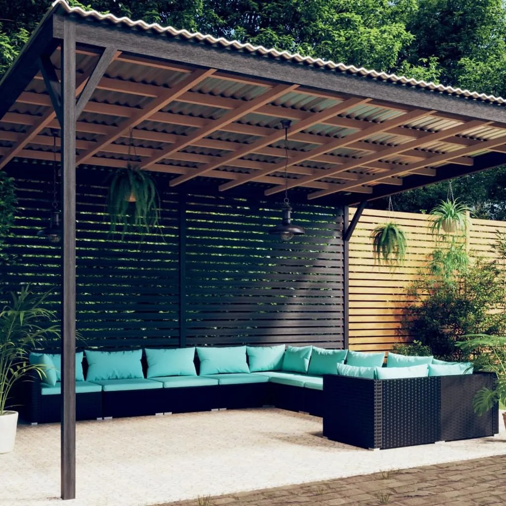 vidaXL 10 pcs conjunto lounge de jardim c/ almofadões vime PE preto